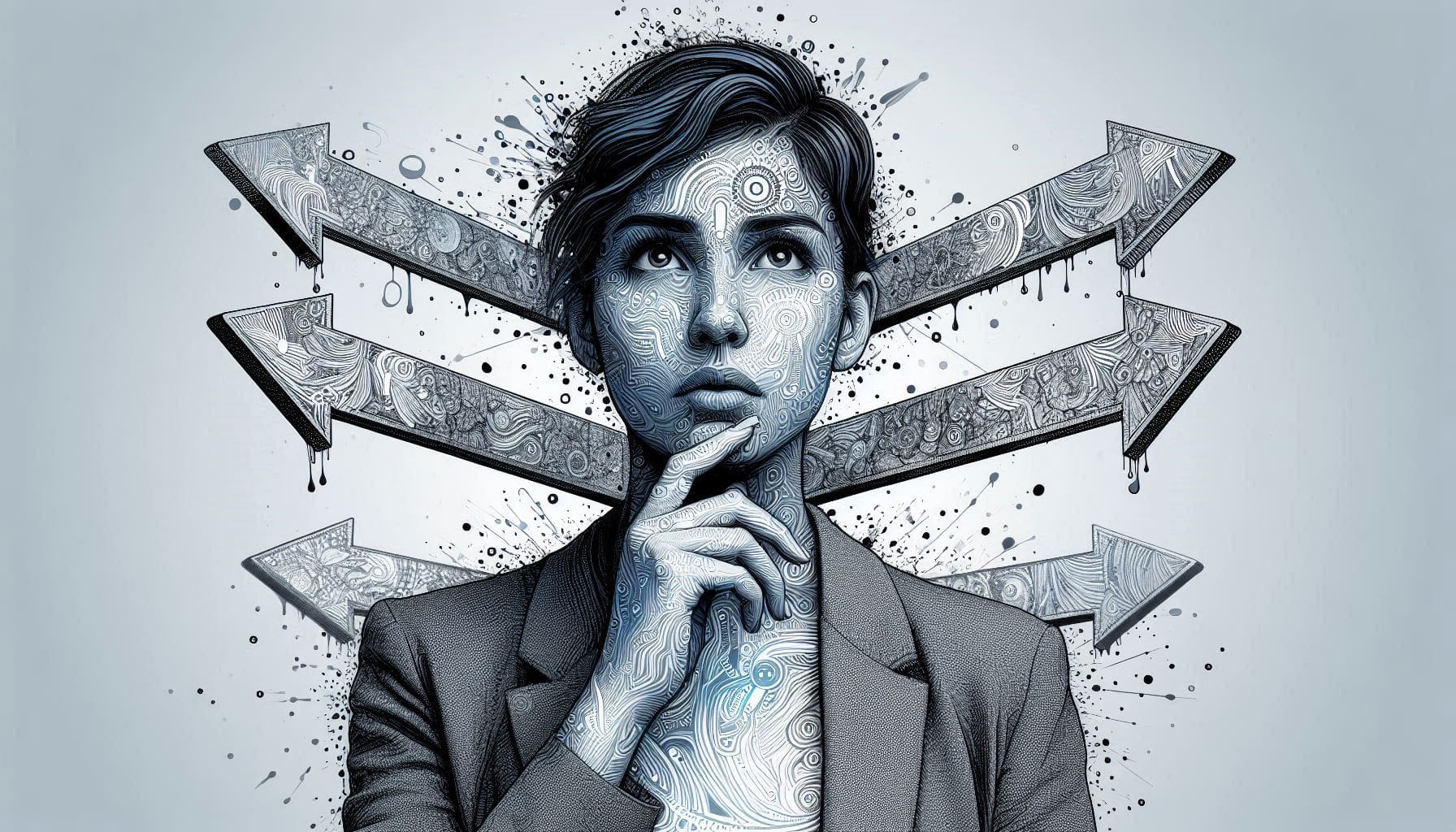 AI image of woman in grayscale with many arrows, indicating trying to figure out direction of life